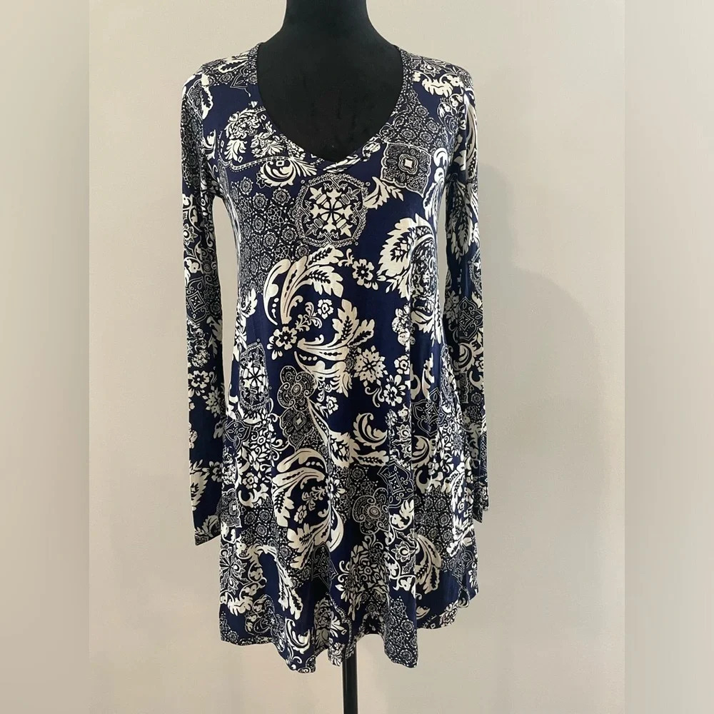 NWT Michael Lauren Kyle Ultra-Soft Navy Paisley Long Sleeve Dress Small